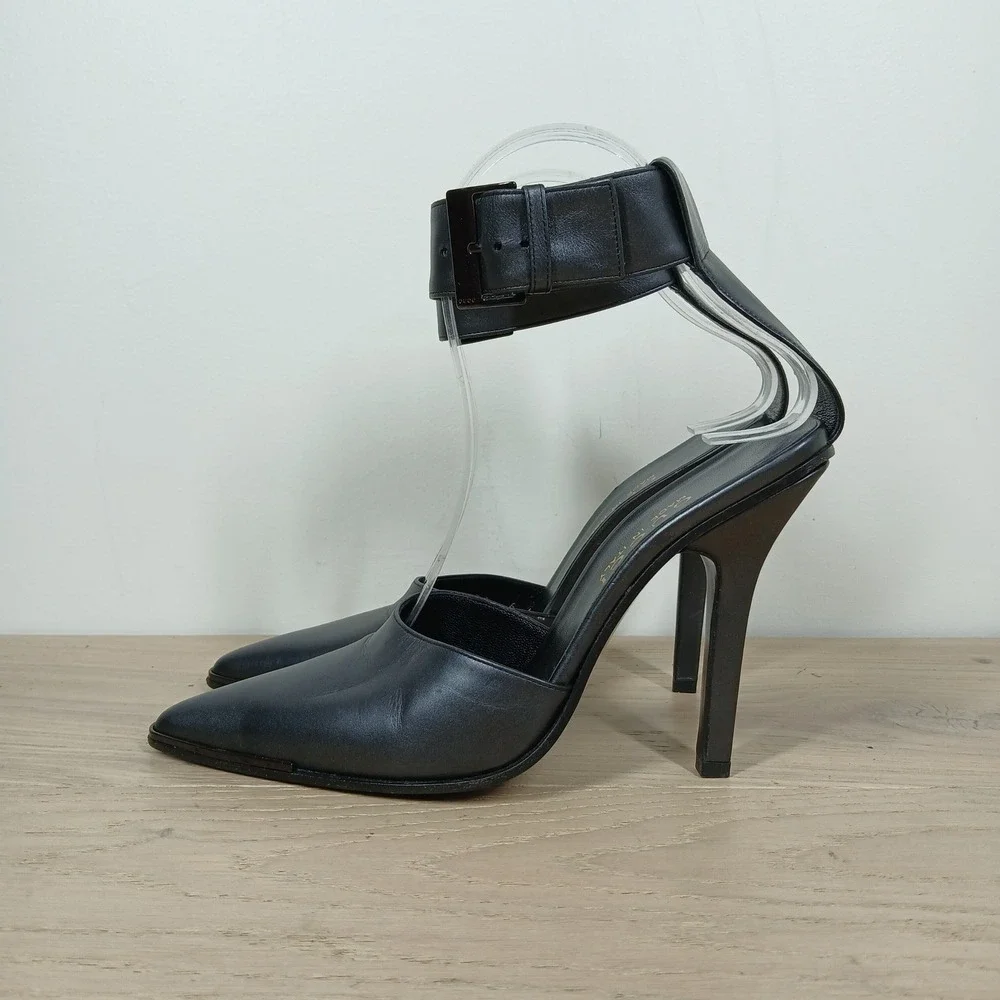 Gucci Heels Women 6B Black Leather Ankle Strap Pointed Toe Stiletto Dress Shoes